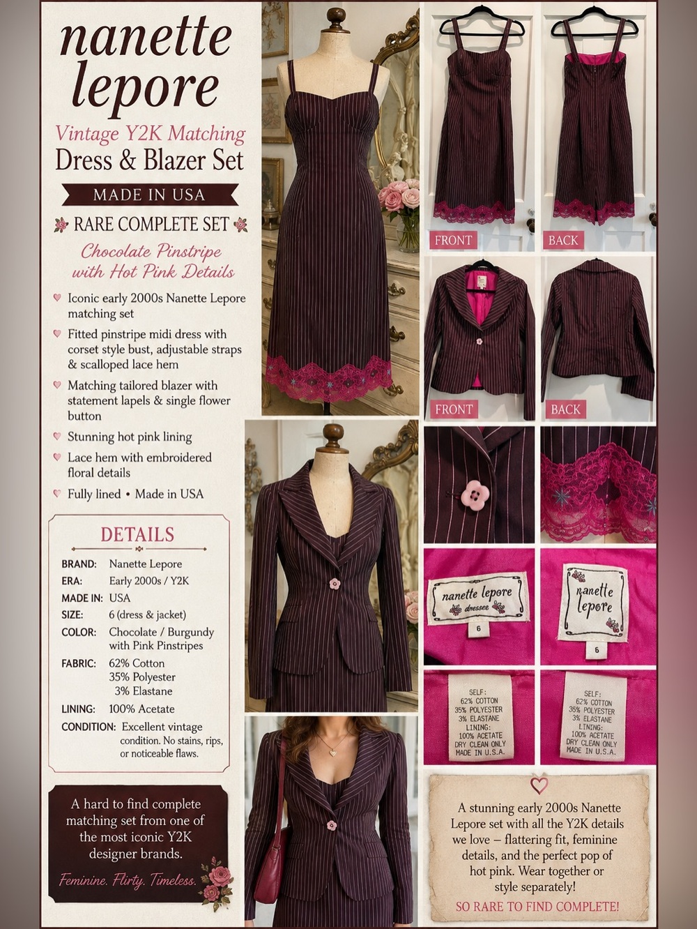 Nanette Lepore Chocolate Pinstripe Dress & Blazer Set with Hot Pink Lace